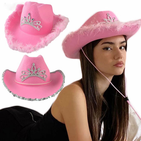 Pink Cowgirl Hat with Feather Edge for Women and Girls