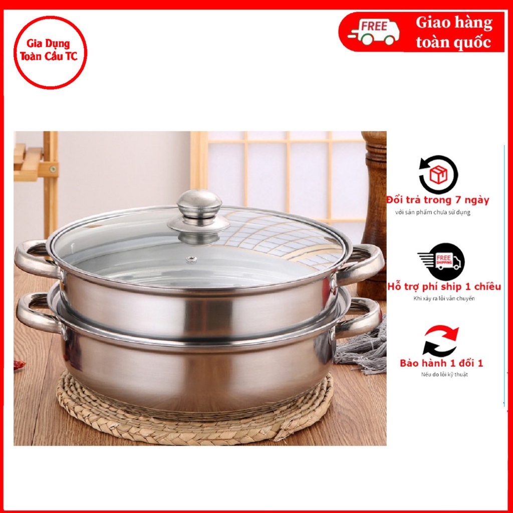 Bộ Xửng Hấp Inox 28cm - Nồi Hấp Đa Năng 2 Tầng Cao Cấp Nắp Kính