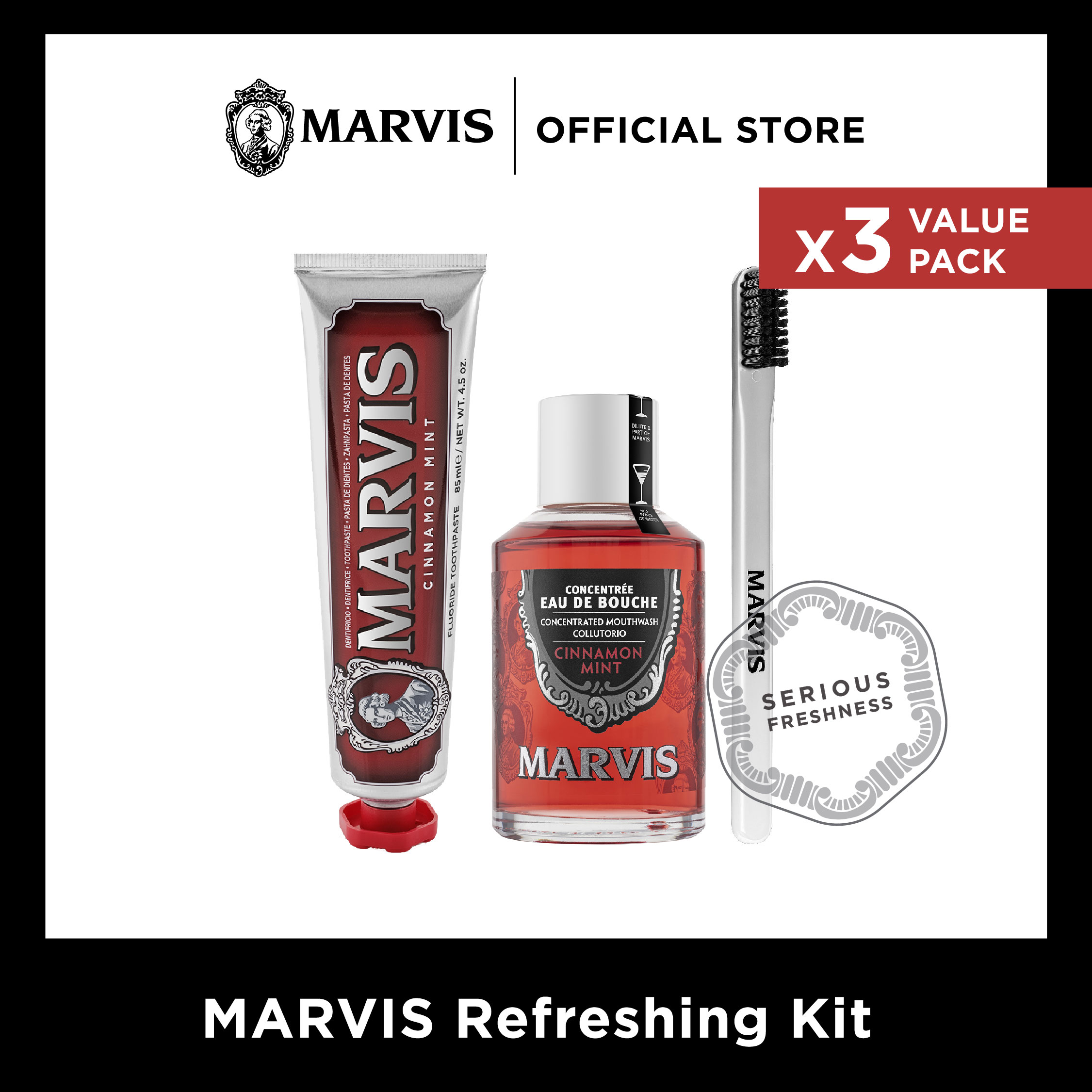 [ MARVIS Refreshing Kit ] Cinnamon Mint 85 ML + Mouthwash Cinnamon Mint 120ML + Toothbrush White ราคา 1,084 บาท*ส่งฟรี