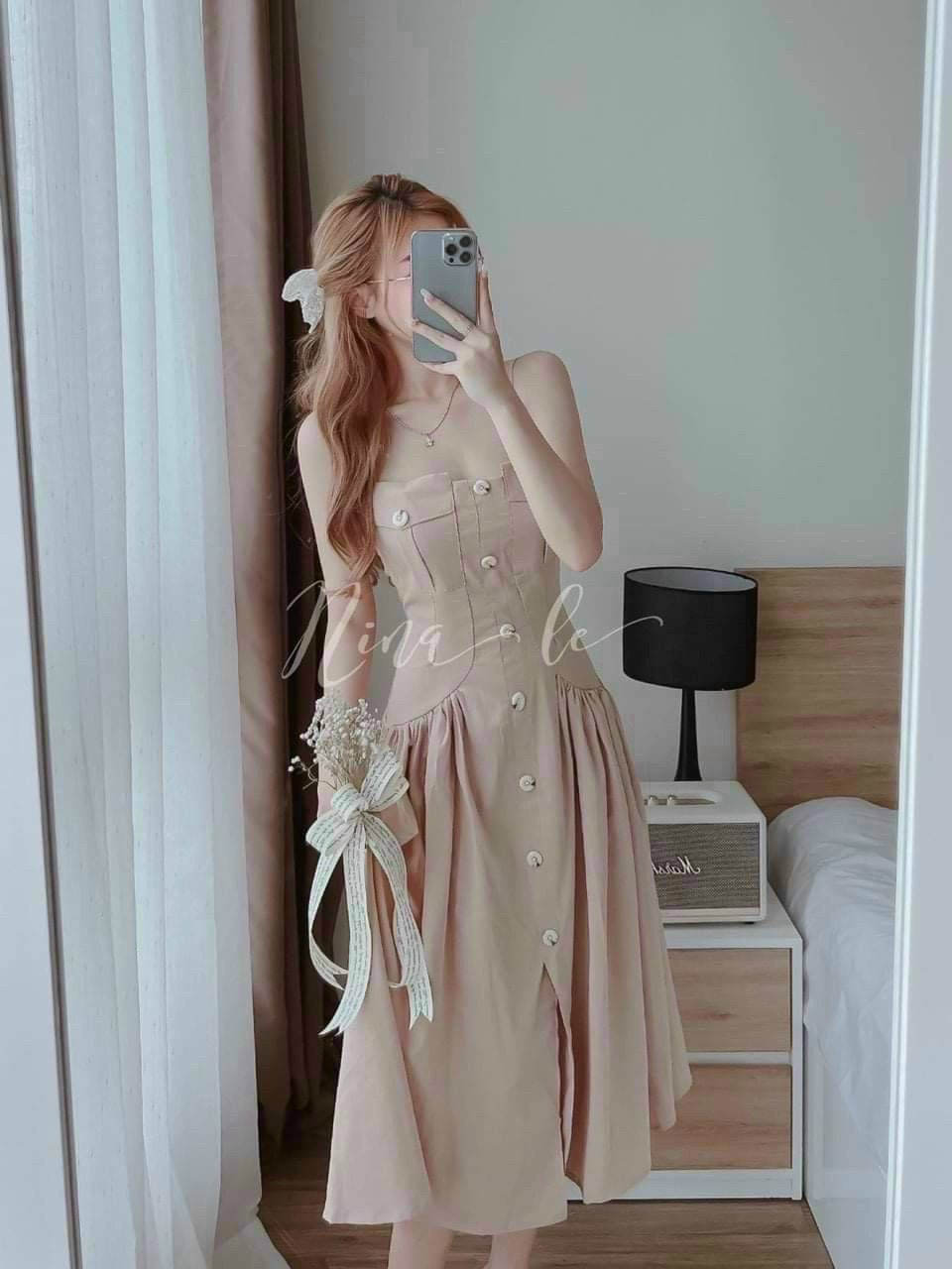 Đầm xinh dự tiệc dáng xoè, Đầm 2 dây đuôi cá đính nút, đầm tiểu thư hai dây, váy xoè dể thương