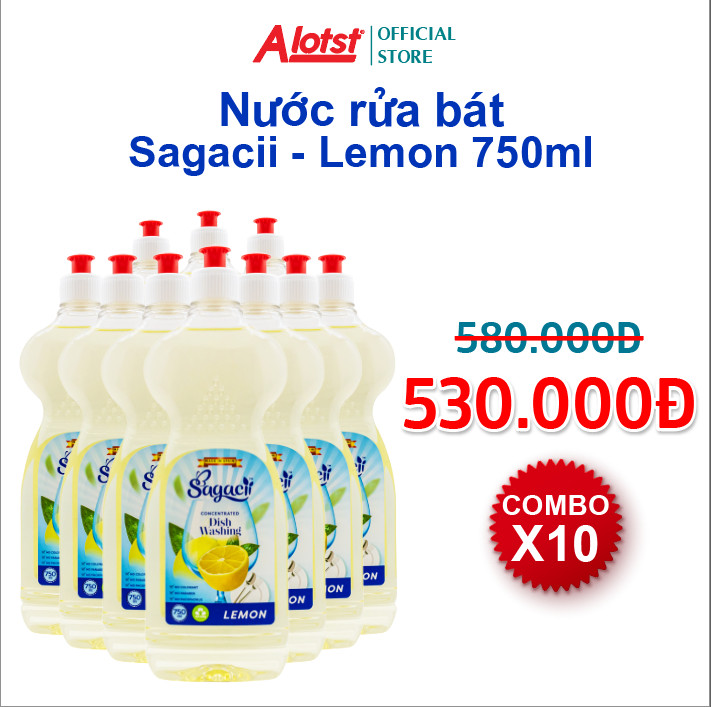 Combo 10 nước rửa chén bát Sagacii Lemon 750ml made in Spain