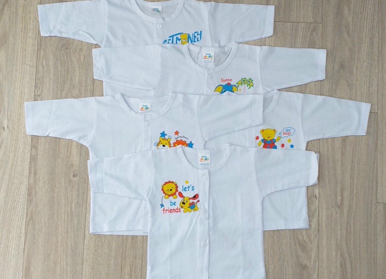 Bộ 05 Áo sơ sinh Bosini dài tay trắng cài giữa, viền nhiều màu cho bé từ sơ sinh