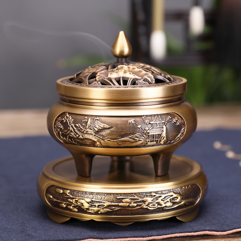 Lư hương đốt trầm, xông trầm bằng đồng nguyên khối