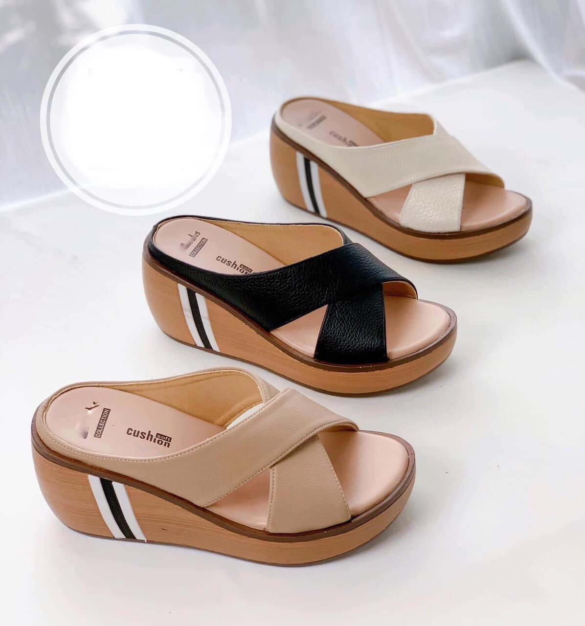 Dép nữ đế xuồng cao đều dép quai chéo da thật cao 7cm