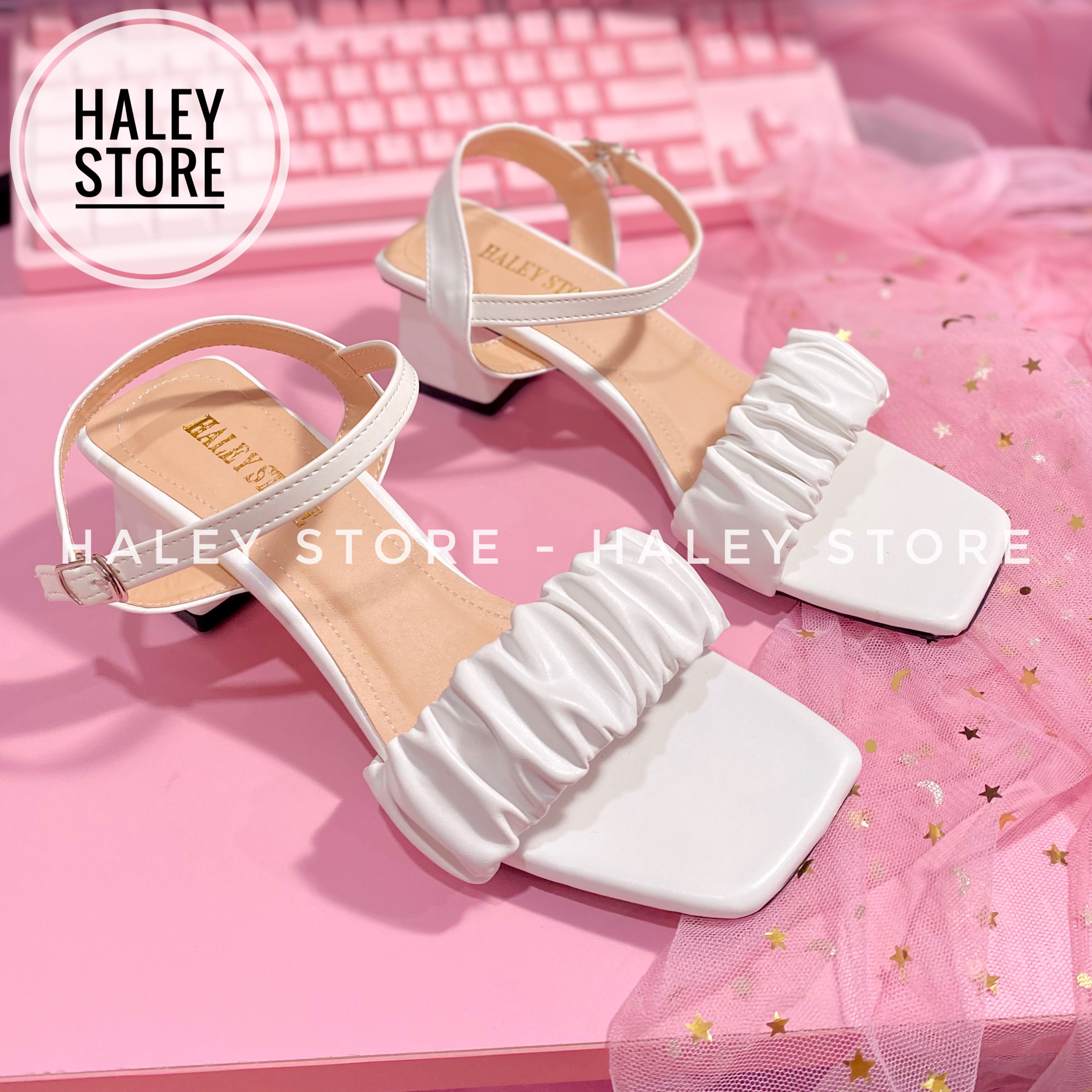 Giày sandal nữ HALEY STORE quai ngang nhúm nhún mũi vuông gót vuông 5p đi chơi đi tiệc đi làm phong cách Hàn Quốc thời trang mới