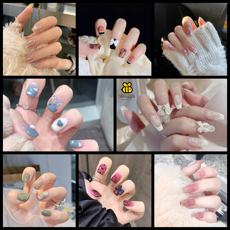(24 chiếc mỗi hộp) Hàn Quốc móng tay giả Thiết kế chống thấm nước Móng giả mong tay giả có keo sẵn có thể tái sử dụng nail giả mong tay giả có keo sẵn