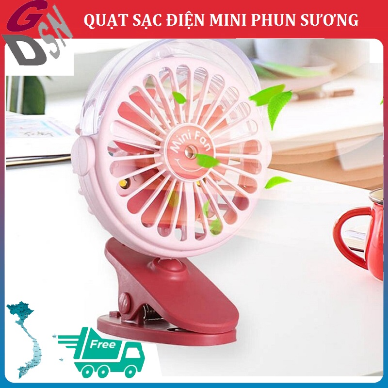 Quạt Sạc Điện Mini Phun Sương,Quạt Điện Mini Đi Học có 3 chế độ quạt mát xoay 360 độ, sạc điện USB, chân đế kẹp bàn