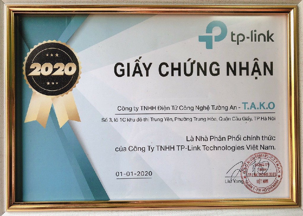 Chứng nhận TAKO là Nhà phân phối chính thức của Công ty TNHH Tp-Link Technologies Việt Nam
