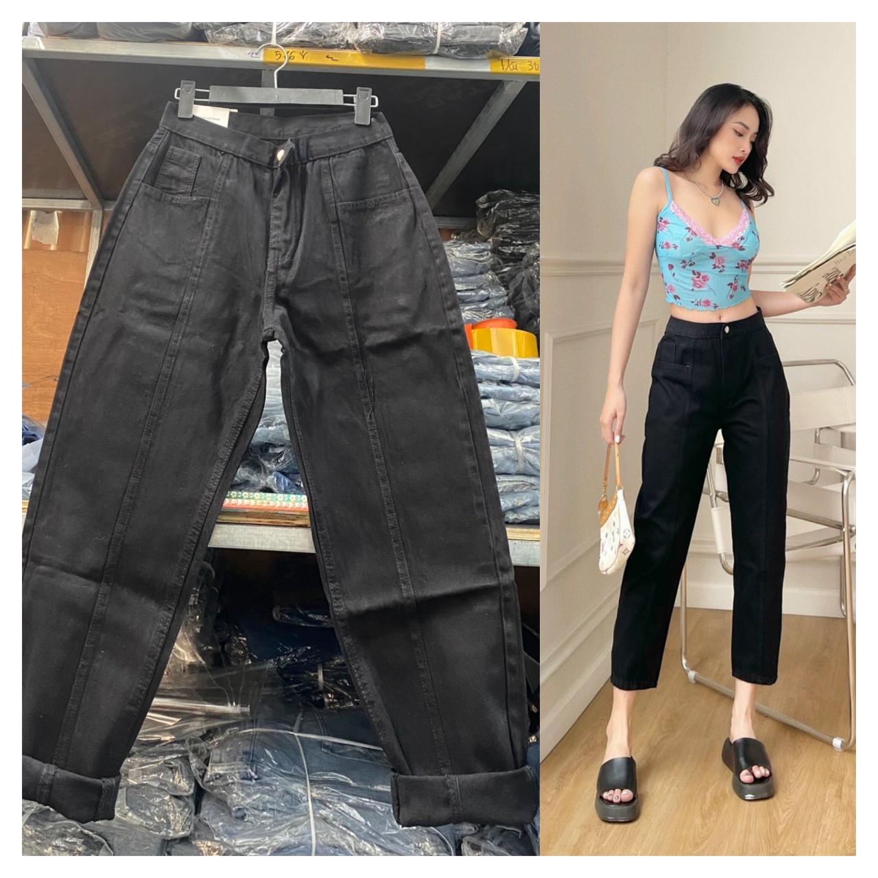 Quần baggy jean đen nữ basic, quần bò baggy nữ đen trơn dễ mặc dễ phối - xưởng may tl_hcm