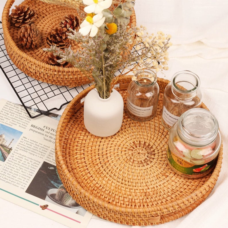 Khay mây đựng trà hình tròn GreenHome -Rattan Tray - Hàng thủ công Việt Nam - Khay mây đựng mỹ phẩm, trang trí đồ ăn -