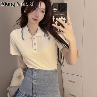XIANG NIAN NI Women's T-shirt embroidery collar T-shirt polo collar chic short-sleeved T-shirt design sense T-shirt
