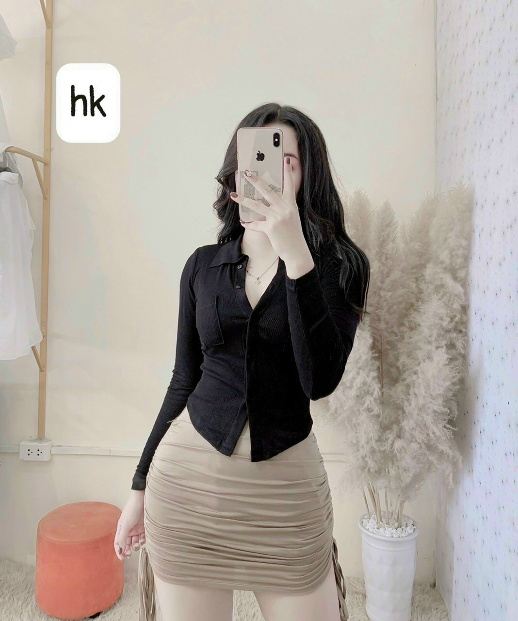 Áo Sơ Mi Thun Gân Hàn Quốc  Cổ Trụ Bẻ Có Nút Gài Tay Dài Phối Hai Túi Trước Ngực Dễ Thương TTSLA0722