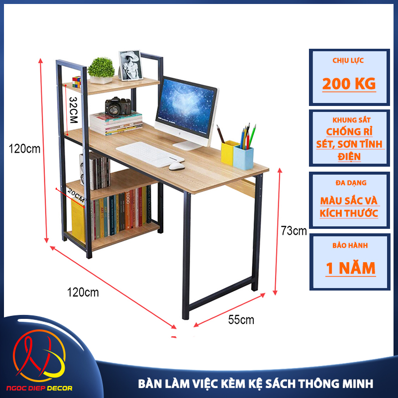 Bàn làm việc khung sắt kèm giá sách sơn tĩnh điện chịu lực cao, bàn vi tính hoặc bàn học, làm việc lắp ráp dễ dàng bảo hành 5 năm.