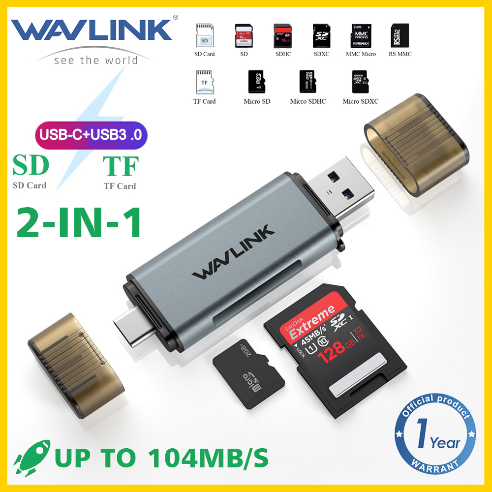  Wavlink Đầu đọc thẻ 2 trong 1 đầu đọc thẻ USB 3.0 và Type C sang SD Micro SD TF Đầu Đọc Thẻ nhớ tốc độ truyền dữ liệu 104Mbps Bộ chuyển đổi cho máy vi tính máy tính xách tay đầu đọc thẻ đa phương tiện Loại C OTG 