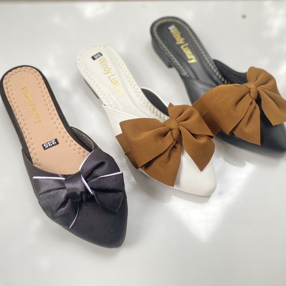 Giày/Sục nơ nâu/ nơ đen quai da, quai nhung, mềm ôm chân - đen/ trắng cơ bản, đế bằng 2cm