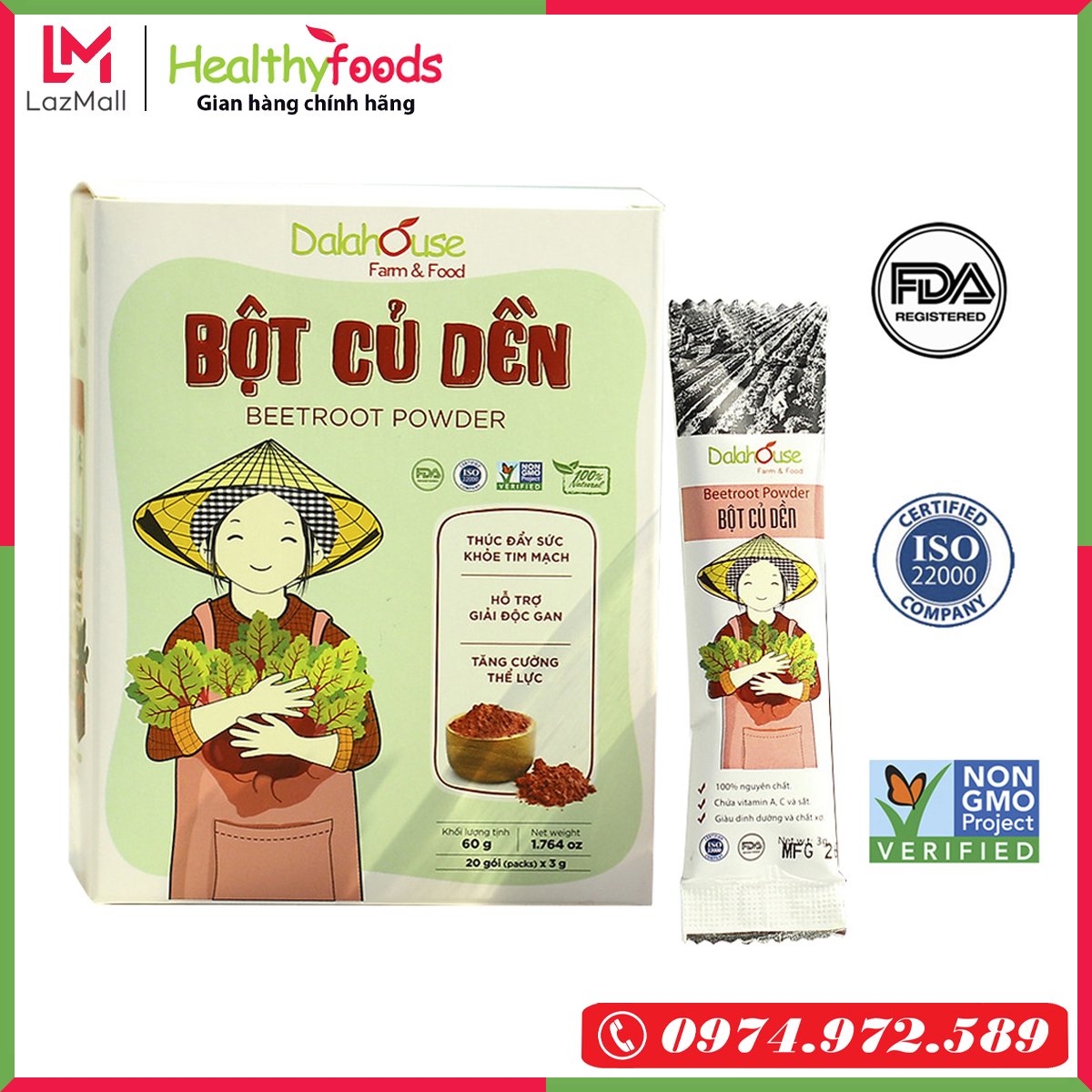 Bột củ dền nguyên chất sấy lạnh Dalahouse 60gram, công nghệ sấy lạnh đạt tiêu chuẩn Châu Âu