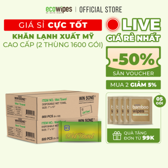 Combo 02 thùng 1600 gói khăn lạnh cao cấp khổ lớn EcoWipes 1 tờ không mùi dành cho lò bánh mì, dịch vụ ăn uống mang về