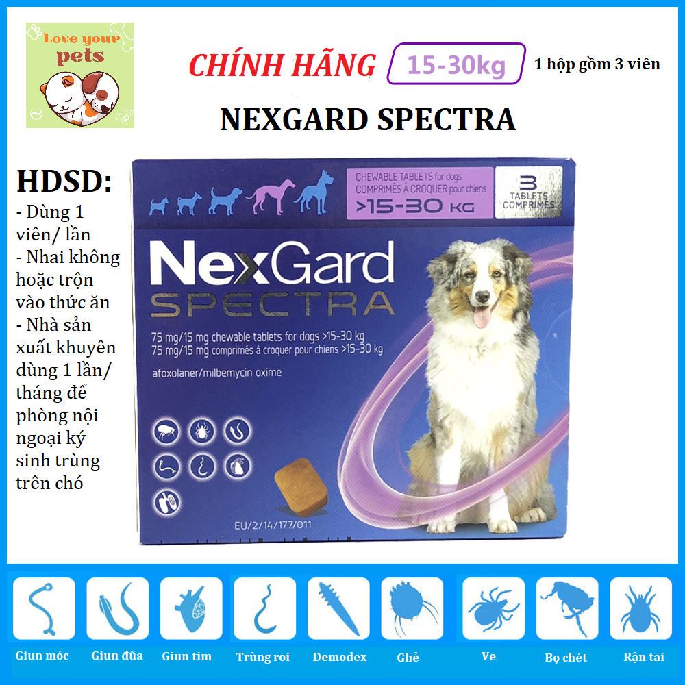 [FREESHIP] Viên Uống Nexgard Spectra Ve Ghẻ, Xổ Giun Trên Chó 15-30kg