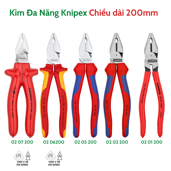 Kìm đa năng knipex cộng lực dòng 02 sở hữu đặc điểm lưỡi cắt tôi 63 hrc, cộng lực 35%, chiều dài 200mm gồm 02 01 200/ 02 02 200/ 02 05 200/ 02 06 200 và 02 07 200 - sản xuất tại đức