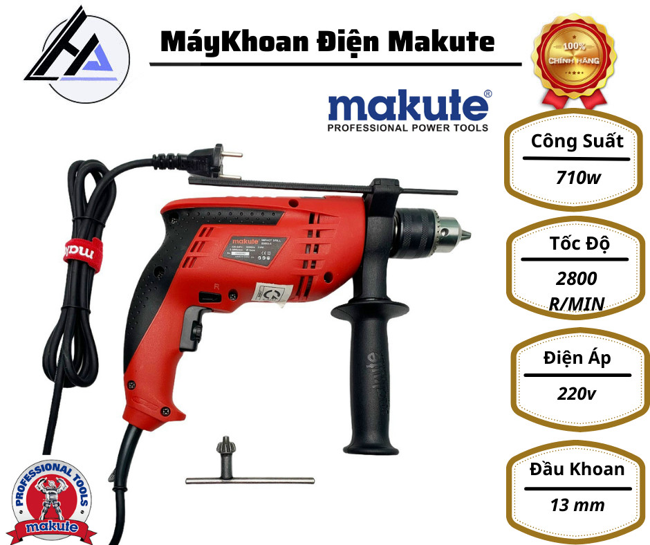 Máy khoan động lực đầu 13 makute id002 red thương hiệu nhật bảo hành 6 tháng