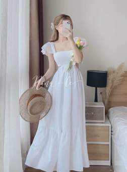 Đầm maxi cổ vuông bèo vai cách điệu khoét eo cá tính kiểu đầm dự tiệc, đi chơi màu đầm trắng, xanh, đỏ thời trang LANCHI