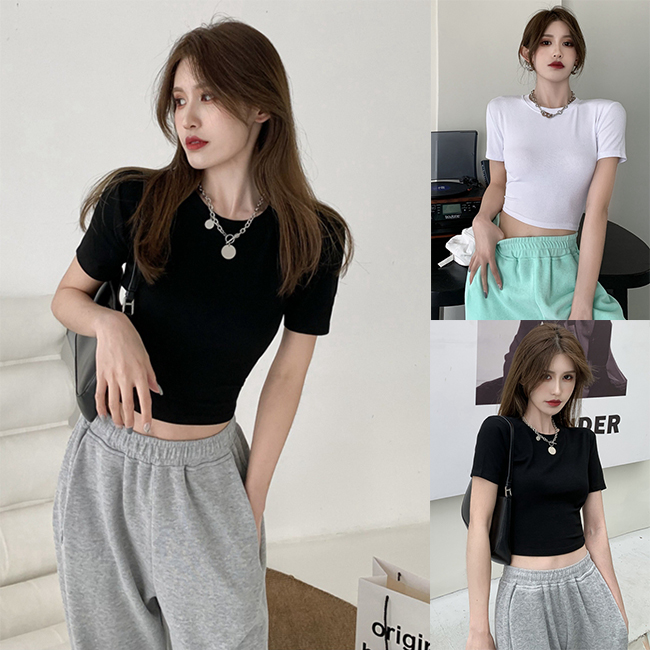 Áo Croptop Ngắn Tay Cổ Tròn Big Size Dưới 80Kg Dáng Ôm Croptop Nữ Chất Thun Trơn "TN"