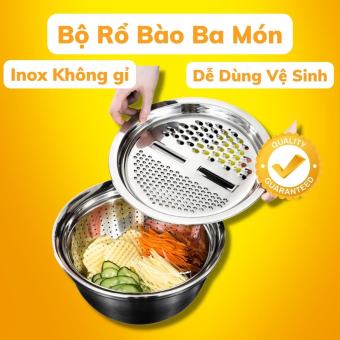 Bộ Bào Rau Củ Kèm Thau Rổ Inox Đa Năng 3 In 1 - Thau Rổ Bào Inox Bền Đẹp Bộ nạo rau củ 3 món bào Nhật Bản, Rổ nạo rau củ kiêm rổ và chậu inox cao cấp đa năng,tiện lợi