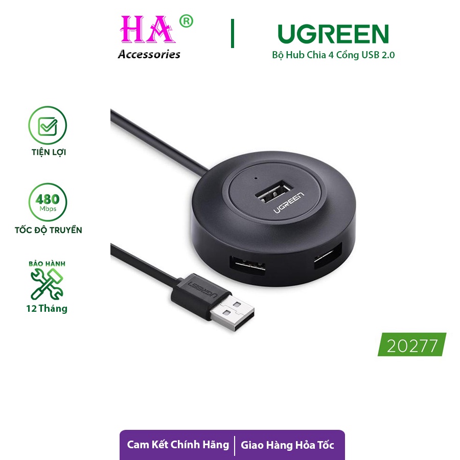 Bộ hub ugreen chia 4 cổng usb 2.0 , dây dài 1m , 20277