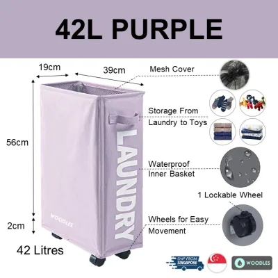 [SG Ready Stock] Woodles Laundry Basket Hamper★42L 55L 64L Capacity★4-Wheel Foldable Slim Durable Lockable Waterproof Oxford★All Purpose Storage Clothes Toys★Turquoise Beige Grey Blue Black Red★Local Shipping & Warranty (4)
