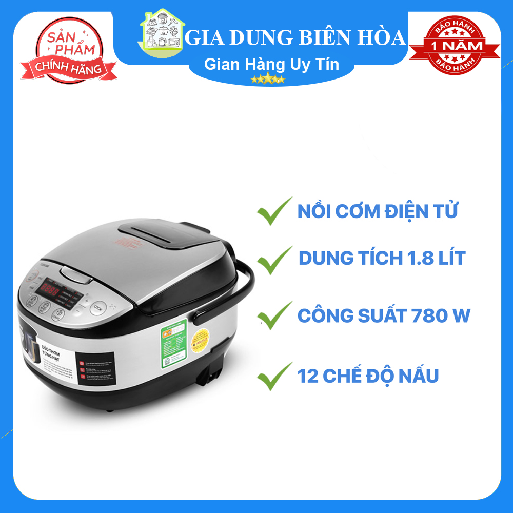 Nồi cơm điện tử Toshiba 1.8 lít RC-18DR2Pv-trưng bày 98%-sử dụng cho 4 - 6 người-Công suất:780W Lòng nồi dày:4mm-Hợp kim phủ lớp Bichotan chống dính:11chế độ nấu Điều khiển: