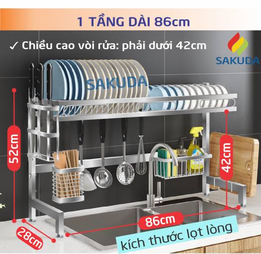Kệ Úp Chén Bát Inox Foodcom - Kệ Chén Đa Năng Inox Để Trên Bồn Rửa - Kệ Để Chén Loại 1 tầng, Size 86cm - Hàng Chính Hãng, Bảo Hành 12 Tháng