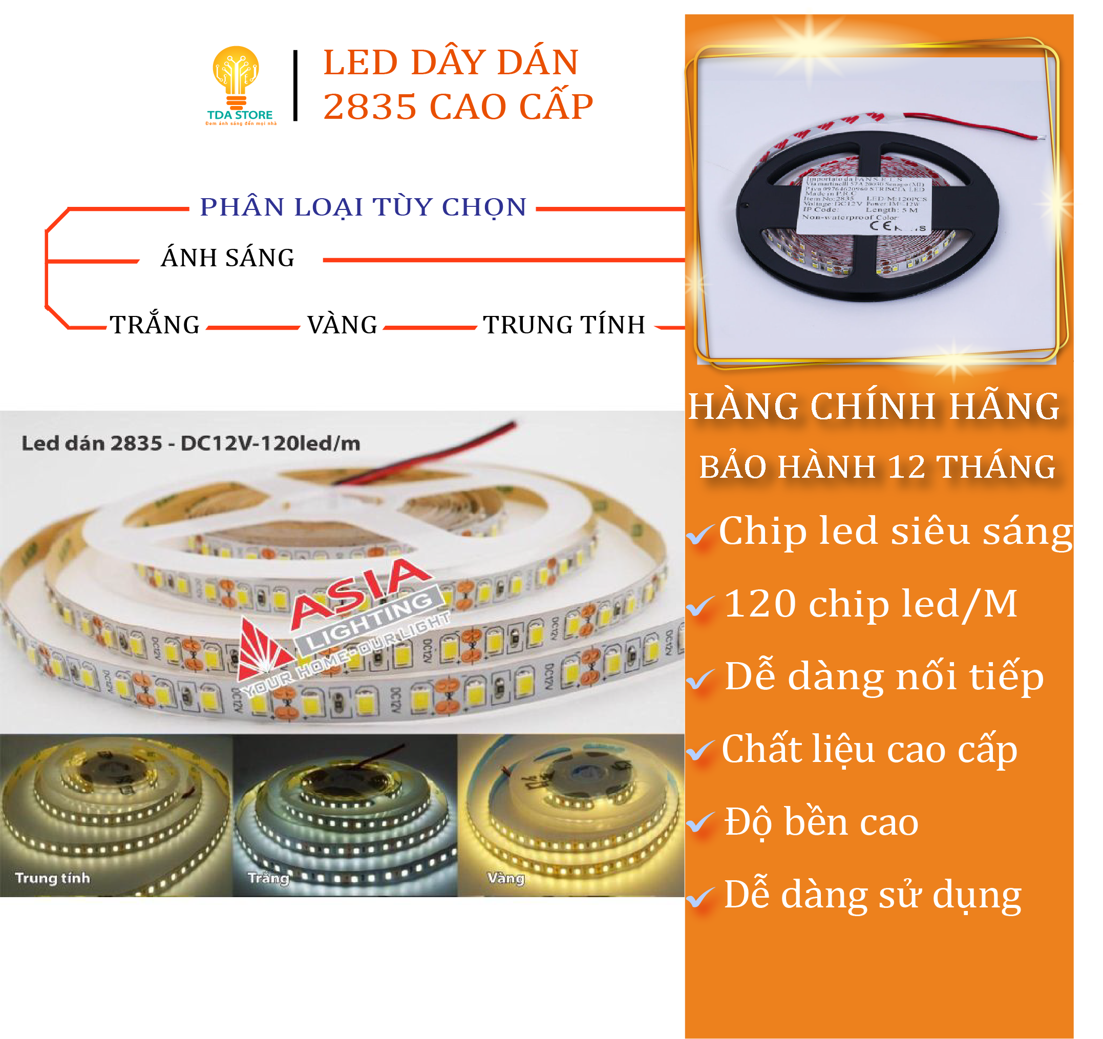 Led Dây Dán 2835 DC 12V Dài 5 Mét 3 Màu Ánh Sáng Asia