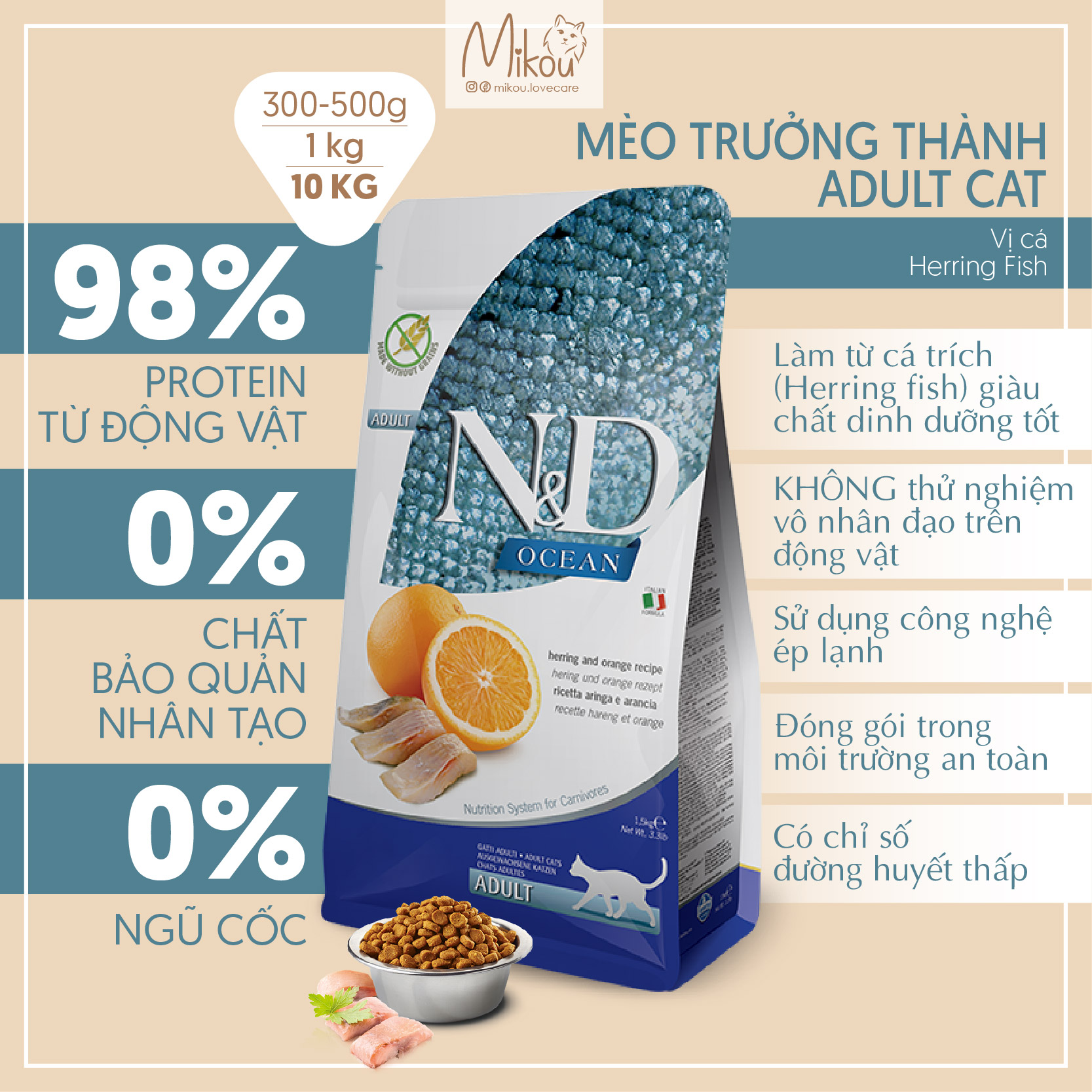 Thức ăn cho mèo vị cá trích, không ngũ cốc, grain-free, hạt N&D, N&D Ocean Farmina, Mikou shop