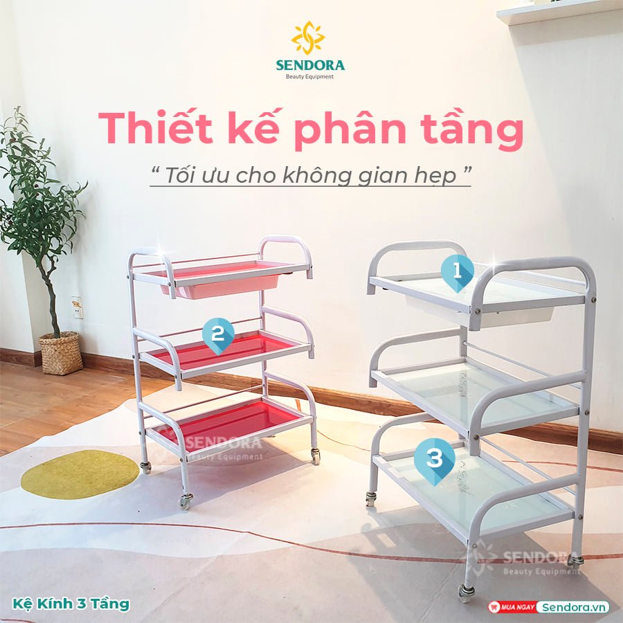 Xe đẩy dụng cụ Spa 3 tầng mặt kính cường lực