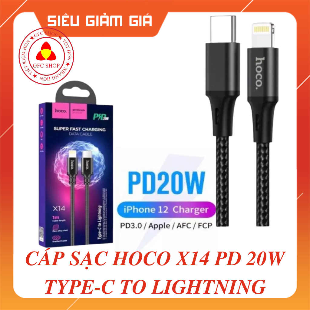 Cáp sạc nhanh hoco x14 pd 20w type-c to lightning dài 1m / 2m quick charger 3.0, dây bọc dù chống gãy đứt