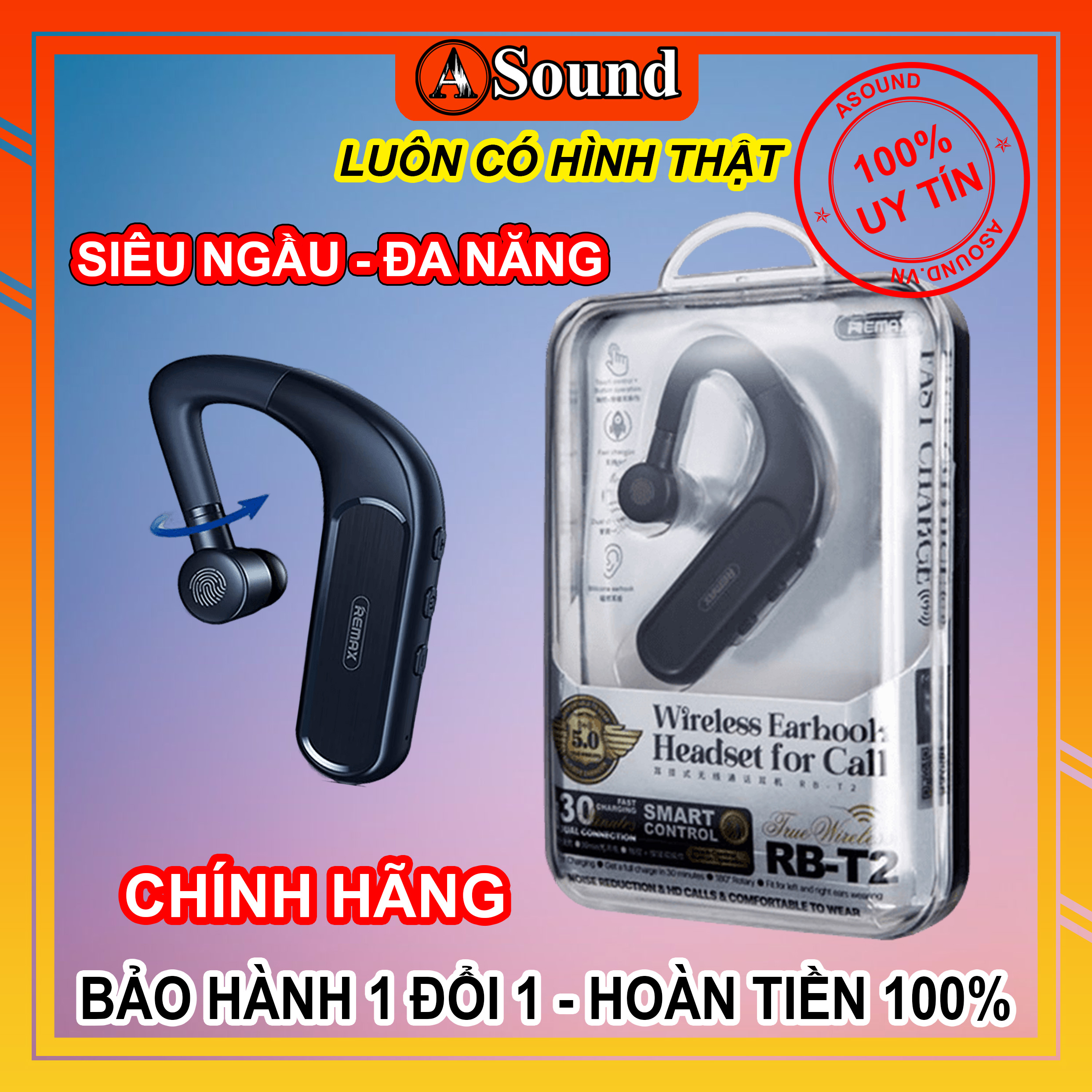 Tai nghe không dây Remax RB-T2 V5.0 chính hãng, đeo vành tai có cảm ứng chạm + nút bấm, siêu chắc chắn siêu gọn đẹp ngon