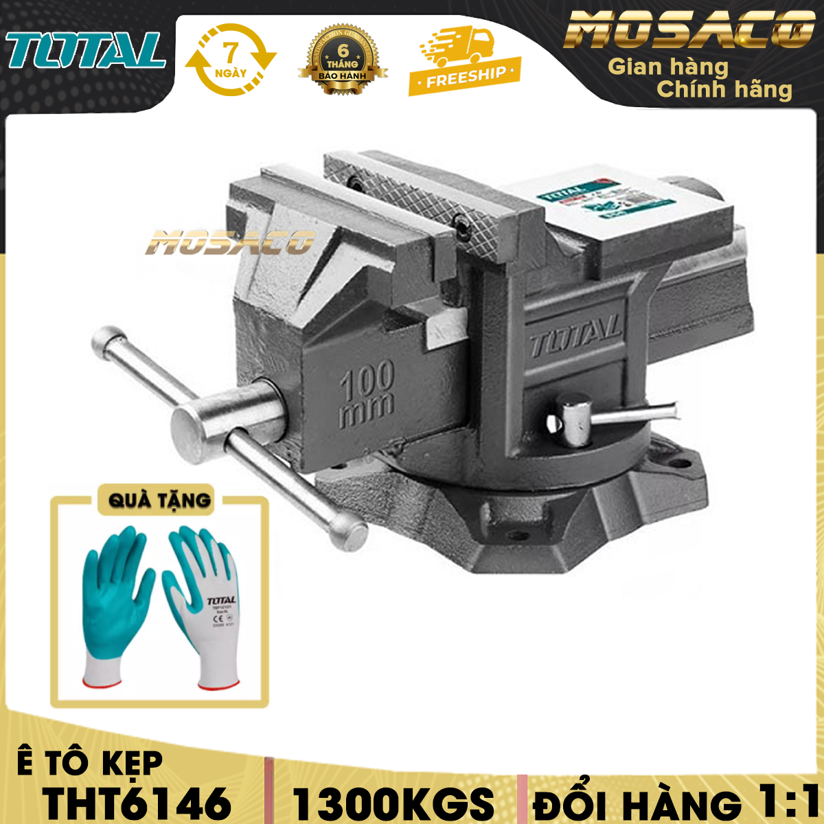 Ê tô kẹp total tht6146, kích thước đế xoay 4 inch. êtô cơ khí, kích thước đế 4 inch, trọng lượng 6.7 kg, lực kẹp tối đa 1300 kgs, đóng gói họp carton, chất lượng thép có độ cứng cao bảo hành 6 tháng - mosaco tools