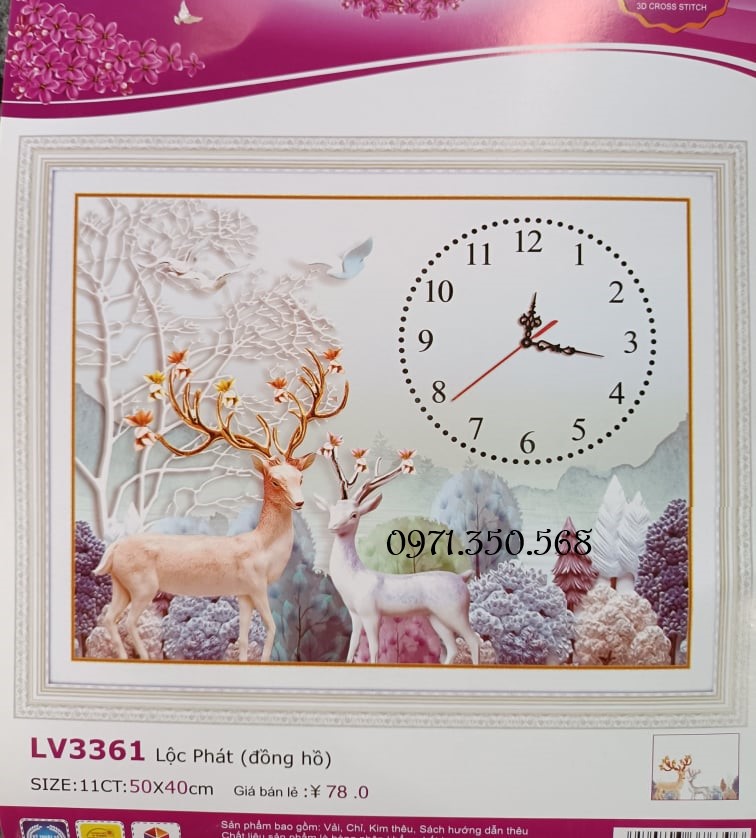 Tranh thêu chữ thập đồng hồ hươu tài lộc LV3361