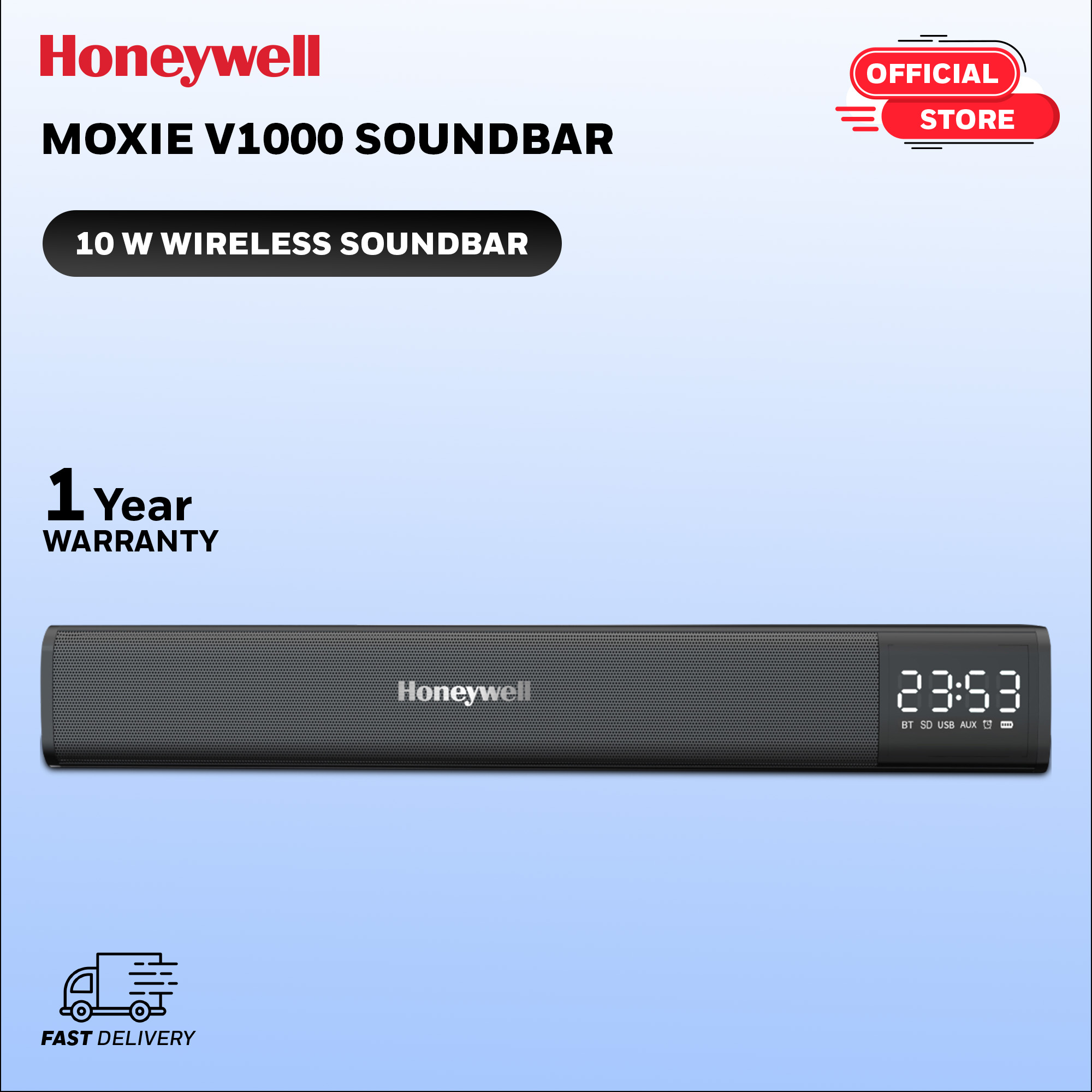 Honeywell Soundbar | Bluetooth Soundbar Moxie V1000 10W 2.0 Channel V5.0 Wireless Bluetooth Soundbar, 5.0 Stereo Sound, 52mm*2 Drivers, 15Hrs Playtime, TWS, 1200mAh Battery, Multiple Connectivity via SD Card, Audio Jack & USB