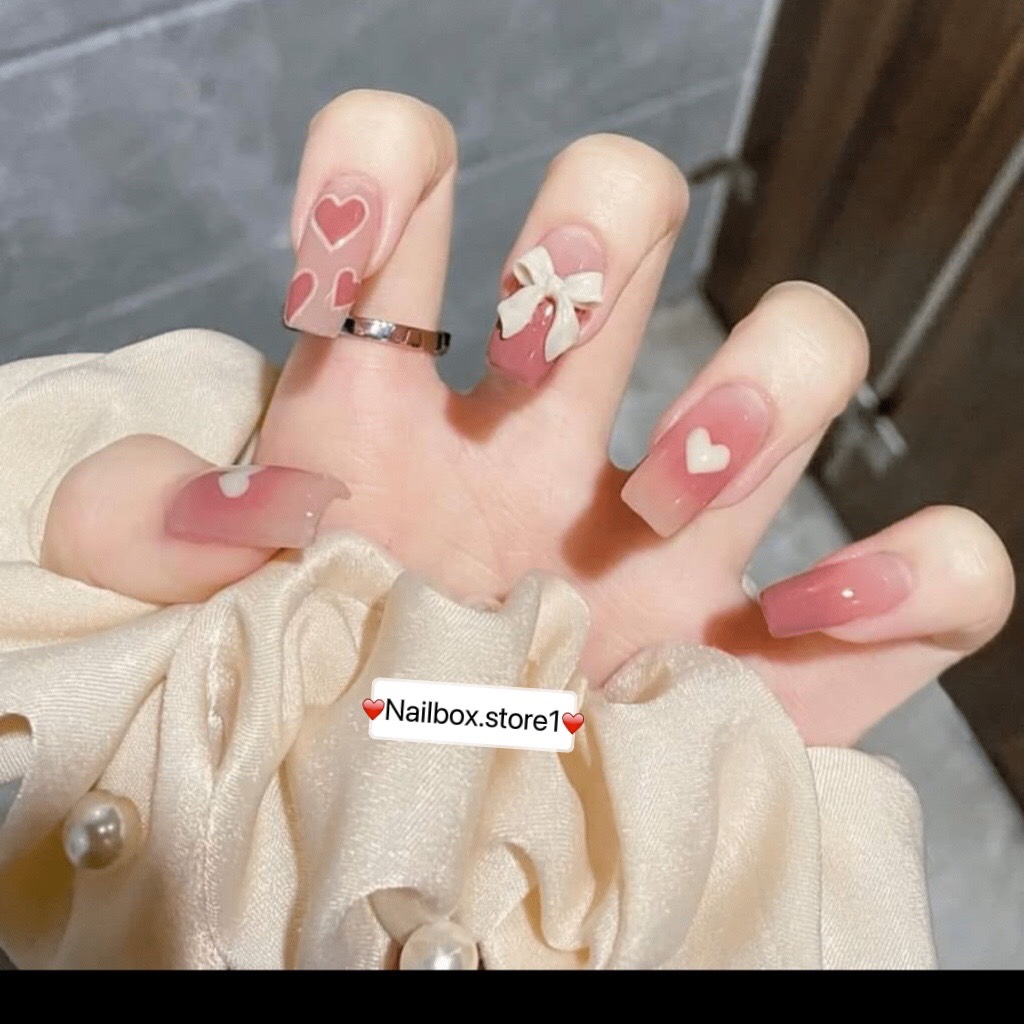 Nail box móng úp thiết kế đính nơ tặng keo và dũa Thaonail