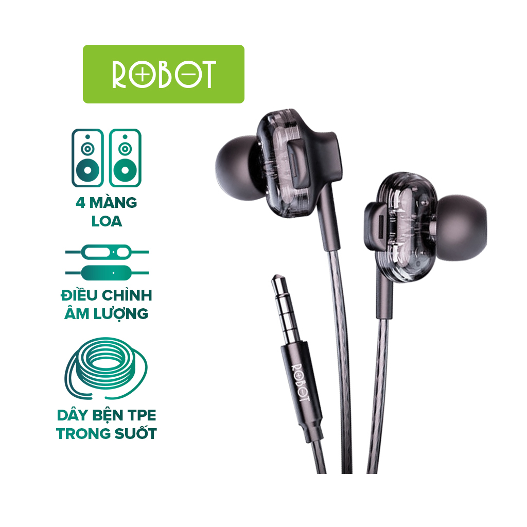 Tai nghe Robot RE30 nhét trong tai có dây tai nghe thể thao âm thanh nổi khử tiếng ồn có micro tương thích với điện thoại samsung oppo xiaomi huawei l hàng chính hãng