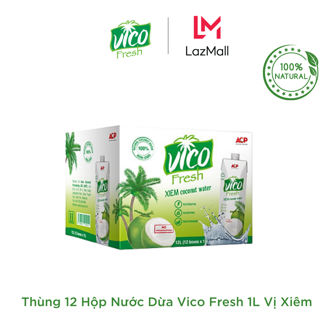 Thùng 12 hộp nước dừa xiêm vico fresh 1l