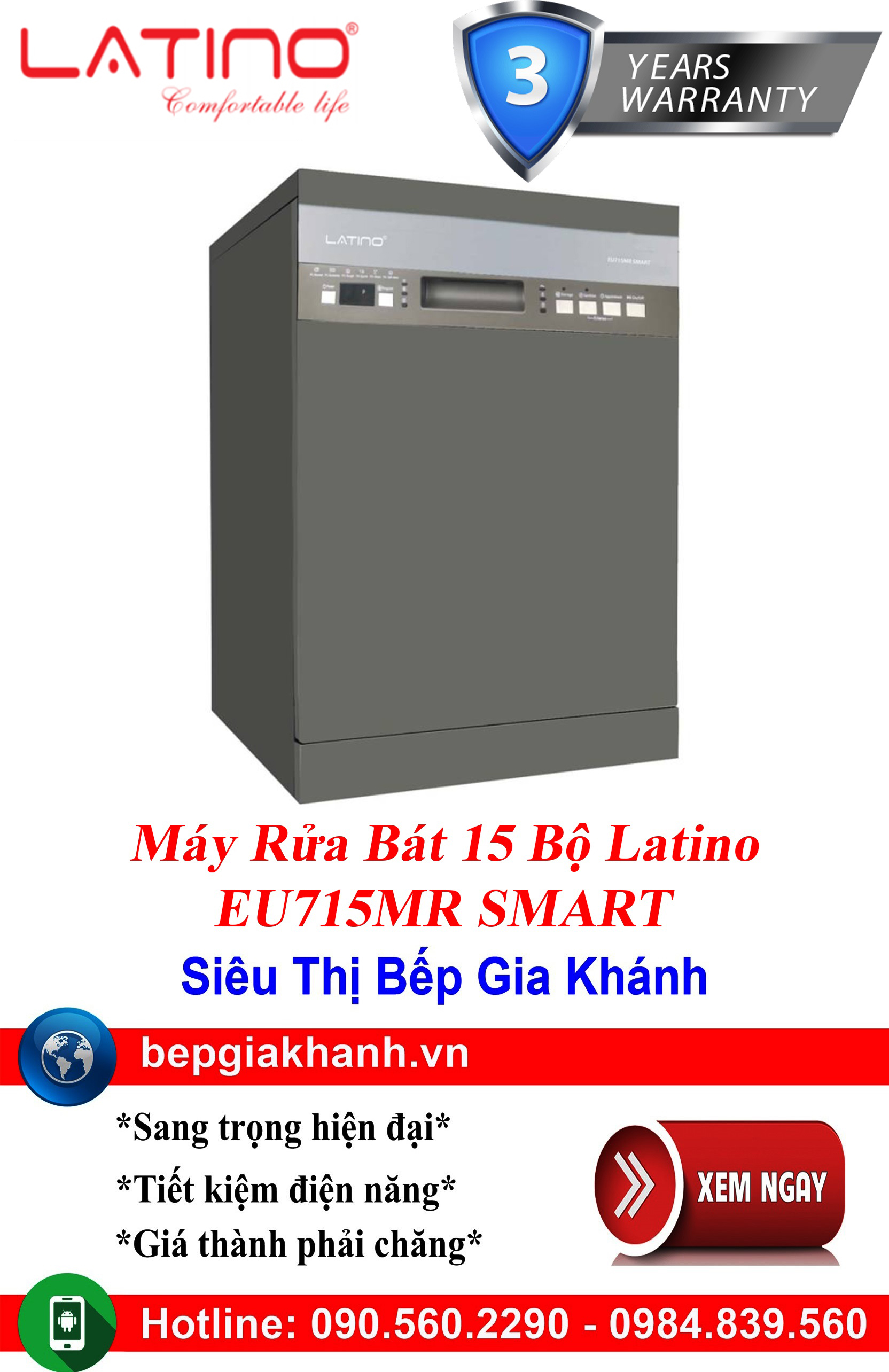 Máy rửa bát 15 bộ Latino EU715MR SMART lắp độc lập, máy rửa chén, máy rửa chén bát, máy rửa bát, máy rửa bát giá rẻ, may rua bat, may rua chen, may rua bat gia re