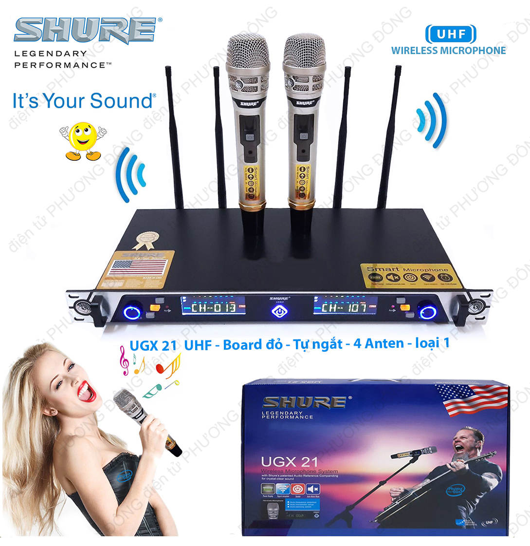 Micro SHURE UGX21 không dây Hàng Loại 1 Tự ngắt Board đỏ 4 Anten cao cấp 2019