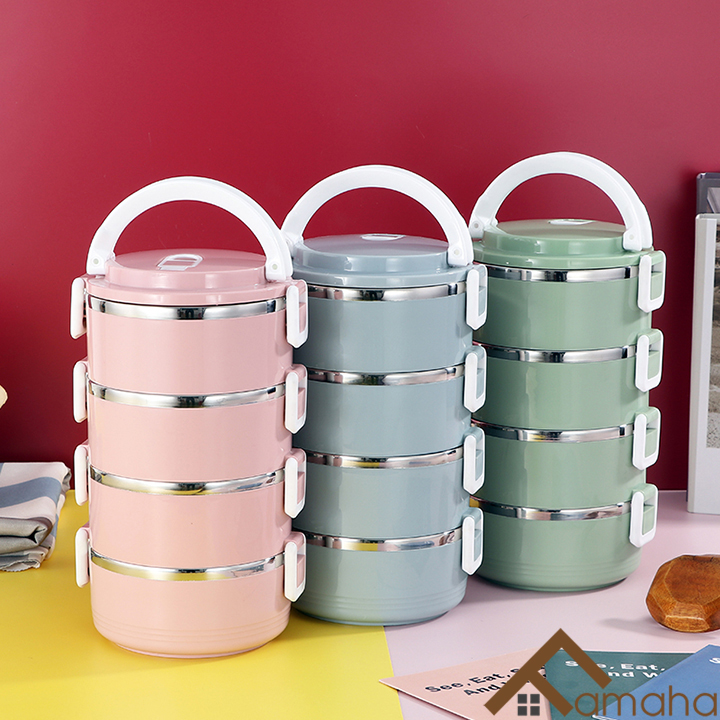 Hộp cơm giữ nhiệt 4 tầng lúa mạch lõi inox 304 cao cấp, cà men đựng cơm có khóa chống tràn 2.8l