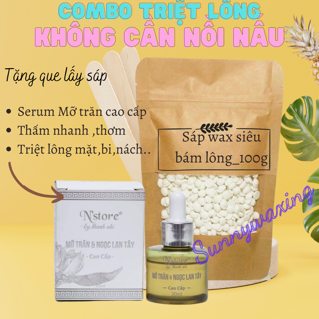 Combo sáp wax lông nóng kèm mỡ trăn triệt lông Nstore, 100g sáp dừa wax lông và mở trăn nguyên chất, wax beans  mỡ trăn ngọc lan tây