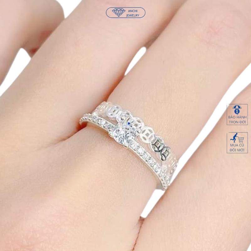 Nhẫn kim tiền kép bạc ta đính đá vuông mẫu mới, Anchi jwelry