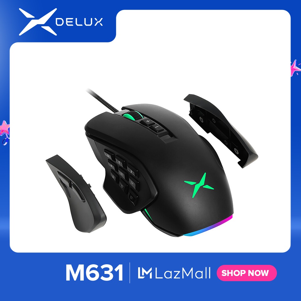 Delux M631 PAW3327 9 Nút Bên 10000DPI Chuột Chơi Game Có Dây Đèn Nền RGB Chuột Chơi Game Nhẹ Chuột Chơi Game Cho Máy Tính