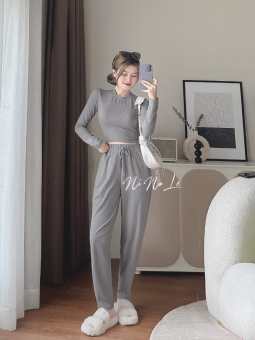 Set bộ áo croptop tay dài thun gân mix quần dài thoải mái, Set bộ đồ nữ quần jogger rộng phối cùng áo croptop tay dài cá tính, Set bộ thun áo croptop thun gân cùng quần dài rộng đi chơi MTB