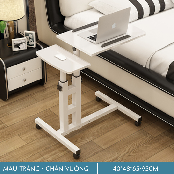 Bàn Làm Việc Di Động, Bàn Laptop thông minh đa năng, Bàn gấp gọn có bánh xe, nâng hạ chiều cao, CHÂN ĐẾ VUÔNG